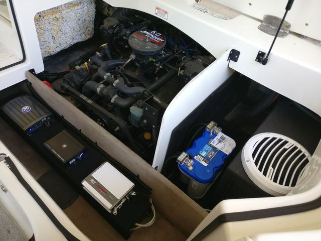 Close-up of marine subwoofer installed in boat console