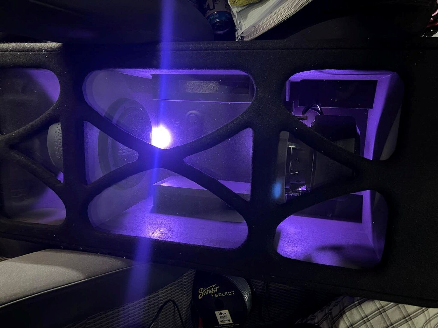 Stereo Installation San Antonio - Custom lighting highlighting subwoofer and speaker box installation - LED Lighting Around Subwoofer Setup